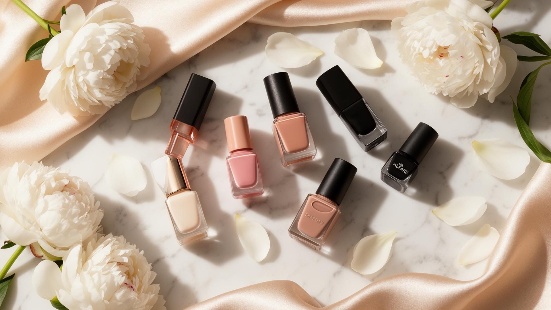 Luxury nail polish flatlay with peonies on marble